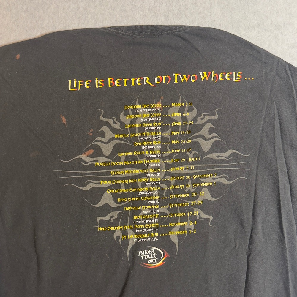 Vintage 2001 Biker Tour T Shirt Mens 2XL Black Motorcycle Rally Nice Fade Y2K